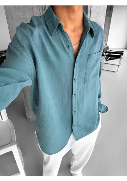 Oversize Fit Uzun Kollu Müslin Gömlek Mint