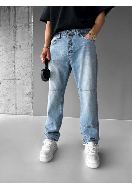 Baggy Fit Eskitmeli Yıkamalı Blok Detaylı Jean Açık Mavi