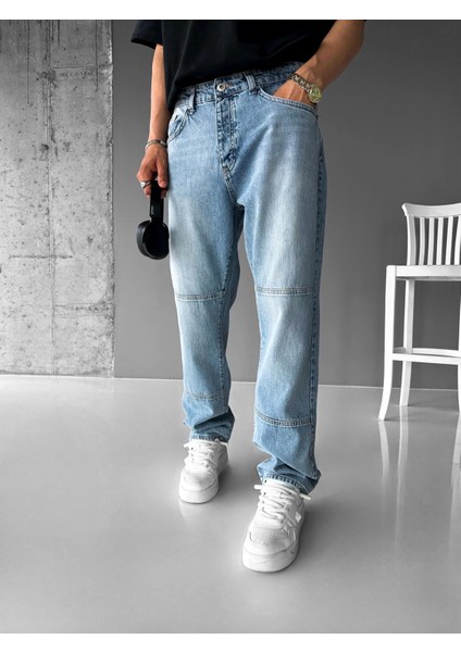 Baggy Fit Eskitmeli Yıkamalı Blok Detaylı Jean Açık Mavi