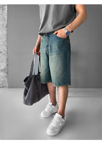 Baggy Fit Yıkamalı Jean Şort Mavi