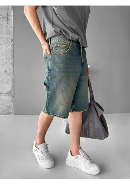 Baggy Fit Yıkamalı Jean Şort Mavi