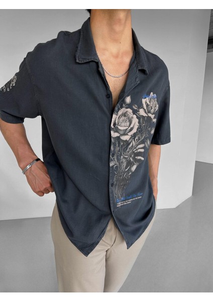 Oversize 'young Atelier' Baskılı Flower Desenli Gömlek Siyah modelleri
