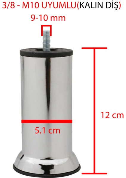 Baza Ayağı Koltuk Ayağı Yükseltme Ayağı Metal Ayak 6 Adet 12 cm (3/8 Kalın Diş)