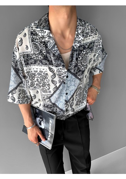 Oversize Motifli Küba Yaka Kısa Kol Gömlek Haki Yeşil