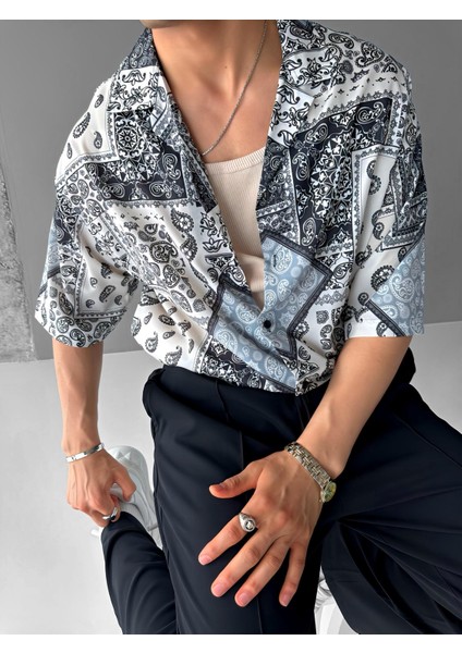 Oversize Motifli Küba Yaka Kısa Kol Gömlek Haki Yeşil modelleri