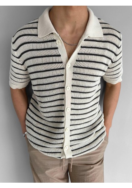 Oversize Çizgili Polo Yaka Örme Gömlek Siyah fiyatları
