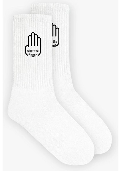 Unisex What The Finger Baskılı Çorap Beyaz