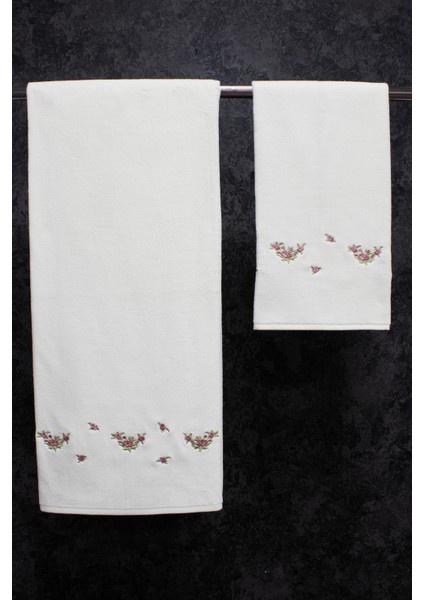 Ekru 2 Li Kadife Banyo Seti 50X90 cm - 100X150 cm Little Rose fiyatları