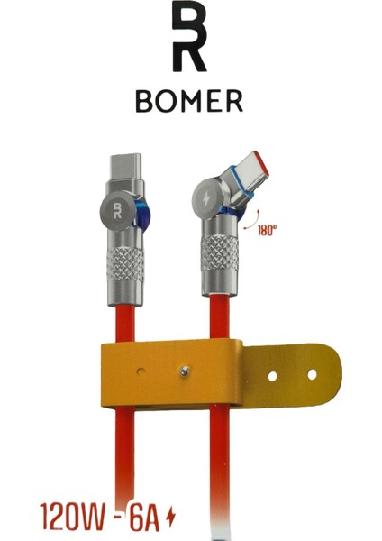3826 120W 6A Turuncu Renk Type C To Type C 180 Derece Döner Başlı Işıklı Şarj ve Data Kablosu
