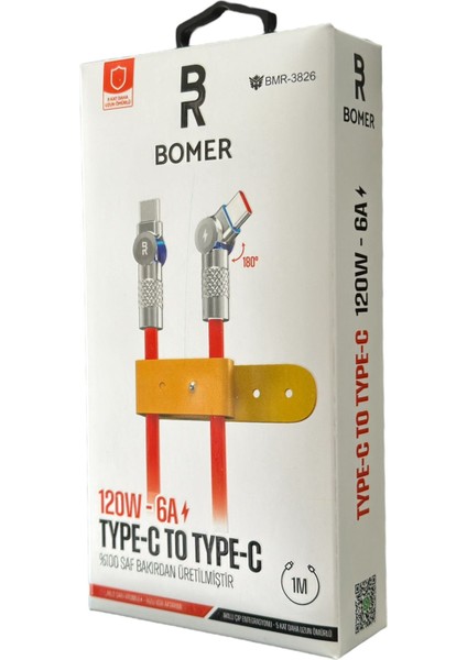 3826 120W 6A Turuncu Renk Type C To Type C 180 Derece Döner Başlı Işıklı Şarj ve Data Kablosu