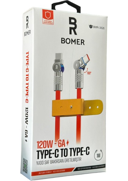 3826 120W 6A Turuncu Renk Type C To Type C 180 Derece Döner Başlı Işıklı Şarj ve Data Kablosu