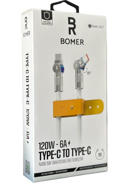 3827 120W 6A Beyaz Renk Type C To Type C 180 Derece Döner Başlı Işıklı Şarj ve Data Kablosu