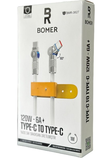 3827 120W 6A Beyaz Renk Type C To Type C 180 Derece Döner Başlı Işıklı Şarj ve Data Kablosu