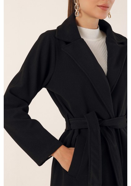 9118 Kruvaze Yaka Kaşe Kaban - Siyah indirimleri