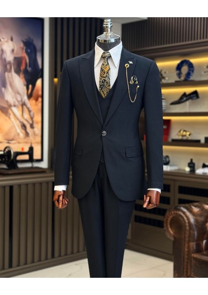 İtalyan stil ceket yelek pantolon takım elbise Siyah T12526