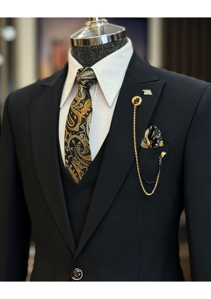 İtalyan stil ceket yelek pantolon takım elbise Siyah T12526 fırsatları