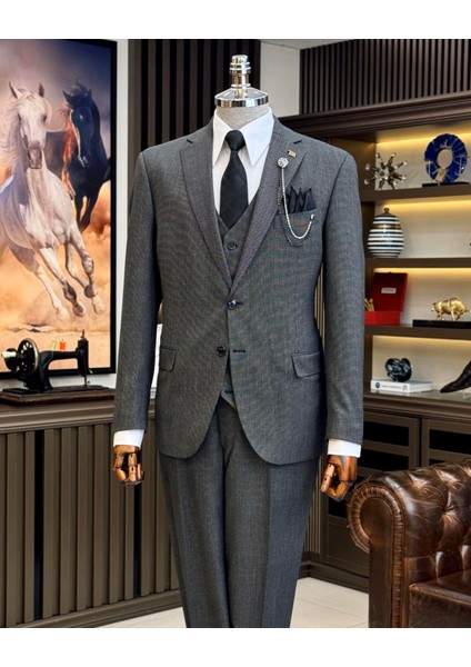 Italyan Stil Slim Fit 4 Drop Ceket Yelek Pantolon Takım Elbise Siyah T12124