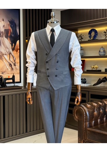 Italyan Stil Erkek Yelek Pantolon Takım Elbise Antrasit T12202