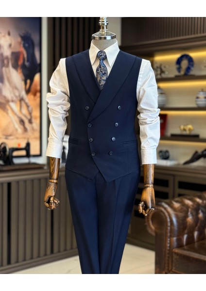 Italyan Stil Erkek Yelek Pantolon Takım Elbise Lacivert T12201