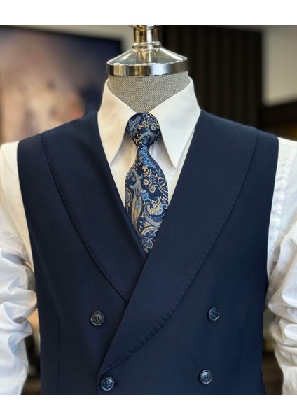 Italyan Stil Erkek Yelek Pantolon Takım Elbise Lacivert T12201