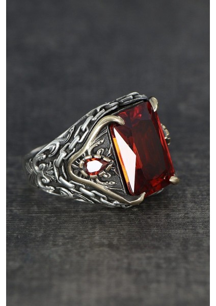 Kırmızı Zirkon Taşlı Zincir Detaylı 925 Ayar Gümüş Erkek Yüzük fiyatları
