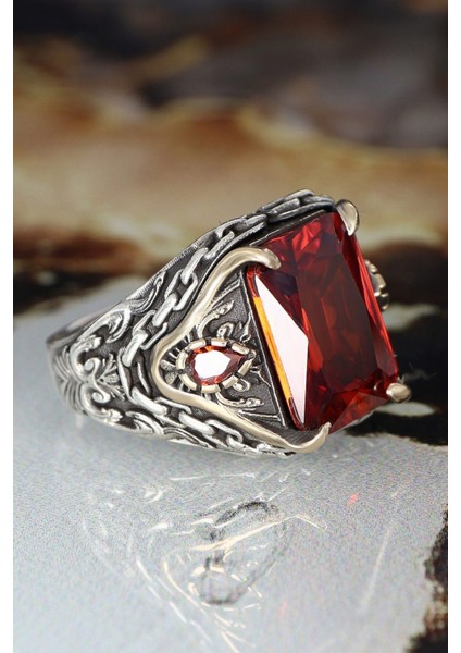 Kırmızı Zirkon Taşlı Zincir Detaylı 925 Ayar Gümüş Erkek Yüzük modelleri