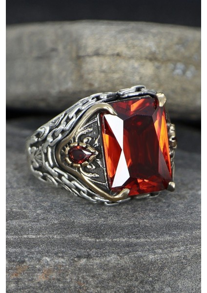 Kırmızı Zirkon Taşlı Zincir Detaylı 925 Ayar Gümüş Erkek Yüzük fırsatları