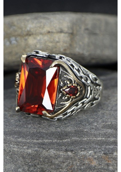 Kırmızı Zirkon Taşlı Zincir Detaylı 925 Ayar Gümüş Erkek Yüzük indirimleri