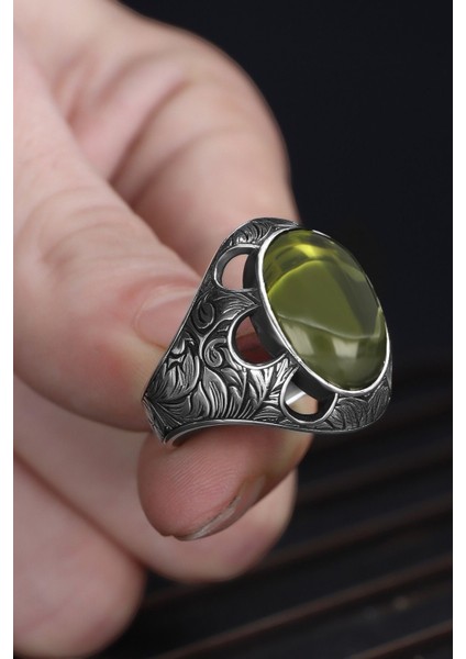 Peridot Taşlı El Işlemeli 925 Ayar Gümüş Erkek Yüzük