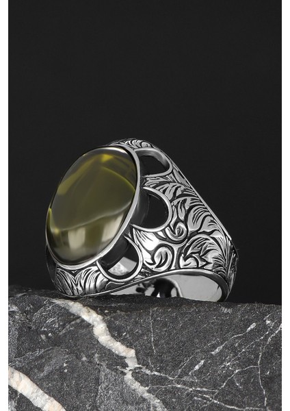 Peridot Taşlı El Işlemeli 925 Ayar Gümüş Erkek Yüzük fiyatları