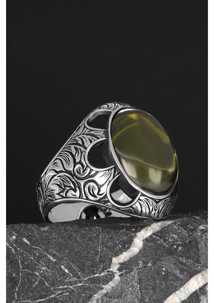 Peridot Taşlı El Işlemeli 925 Ayar Gümüş Erkek Yüzük modelleri