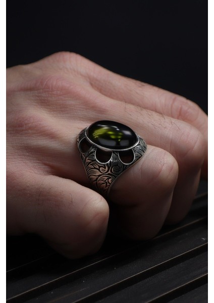 Peridot Taşlı El Işlemeli 925 Ayar Gümüş Erkek Yüzük fırsatları