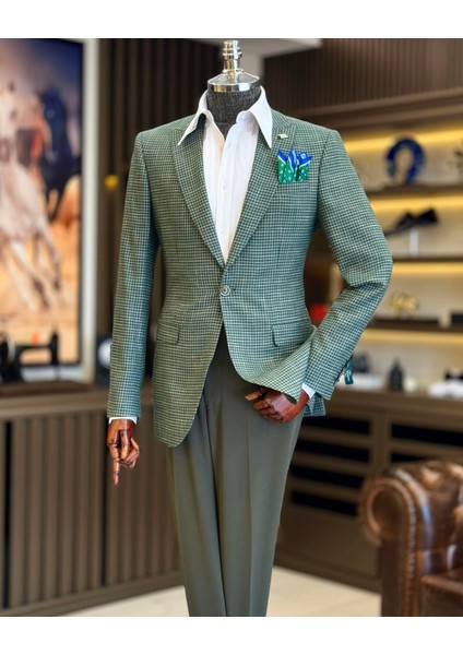 İtalyan stil slim fit kazayağı desen erkek ceket yeşil T12539