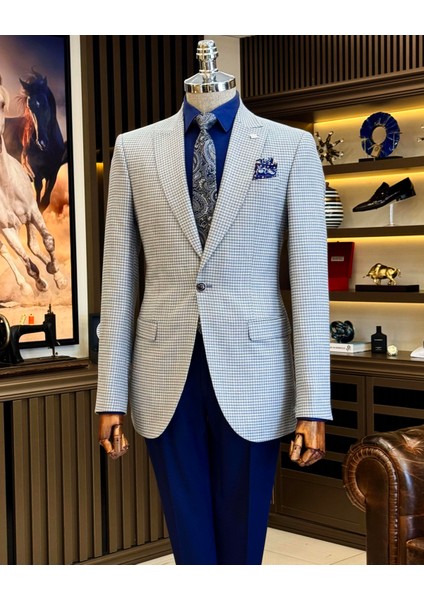 Italyan Stil Slim Fit Kazayağı Desen Erkek Ceket Mavi T12542