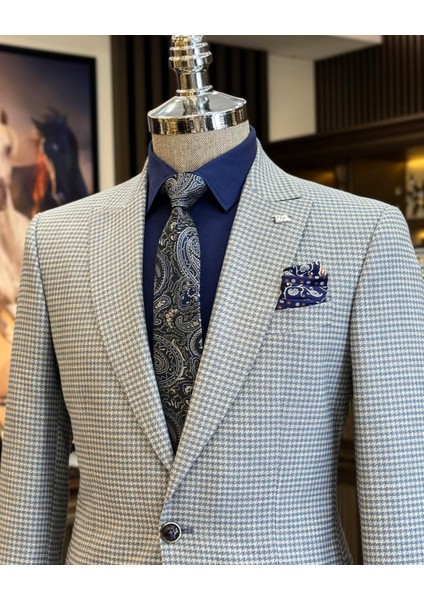 Italyan Stil Slim Fit Kazayağı Desen Erkek Ceket Mavi T12542