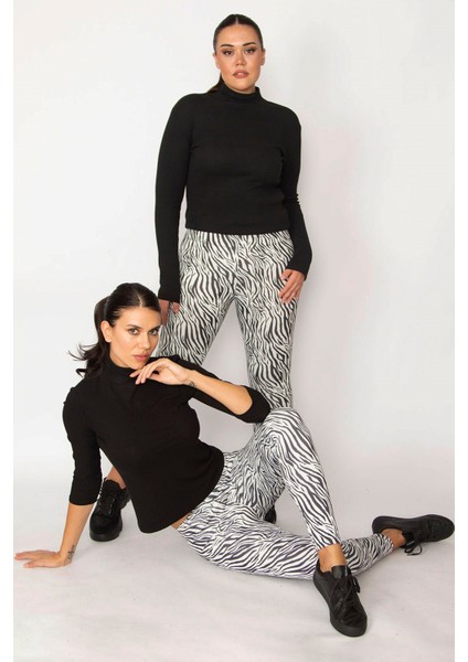 Kadın Siyah Zebra Desen Tayt