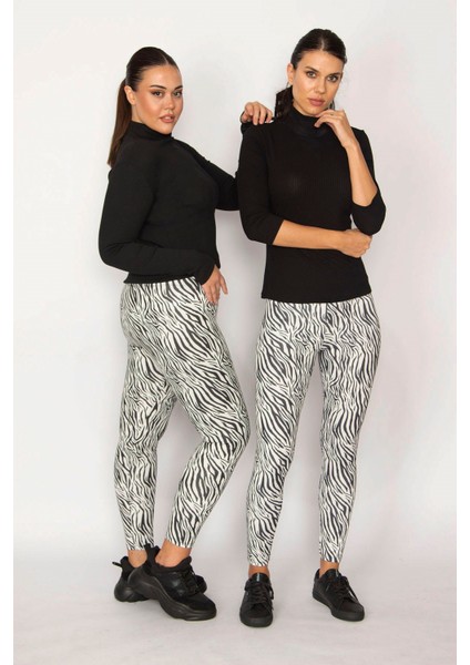 Kadın Siyah Zebra Desen Tayt