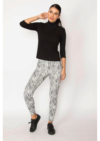 Kadın Siyah Zebra Desen Tayt