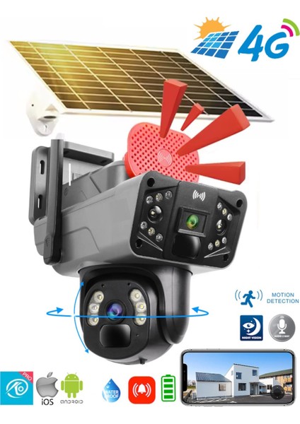 Ultimate Solar 4g Güneş Enerjili Dual Lens 360° Görüş Akıllı Güvenlik Kamerası (O-Kam) Uygulama Siyah