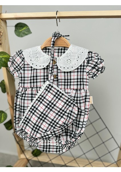 Kız Bebek Şapkalı Pötikare Desenli Çıtçıtlı Romper Badi Ikili Set