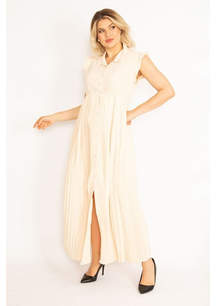 Kadın Pudra Eteği ve Kol Ağzı Pilise Detaylı Ön Düğmeli Elbise fırsatları