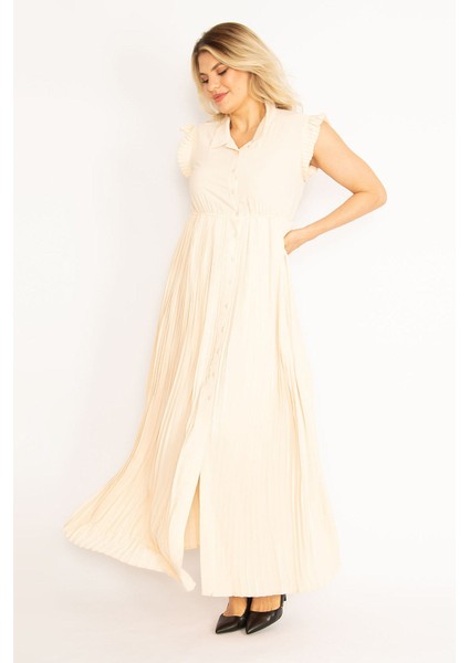 Kadın Pudra Eteği ve Kol Ağzı Pilise Detaylı Ön Düğmeli Elbise indirimleri