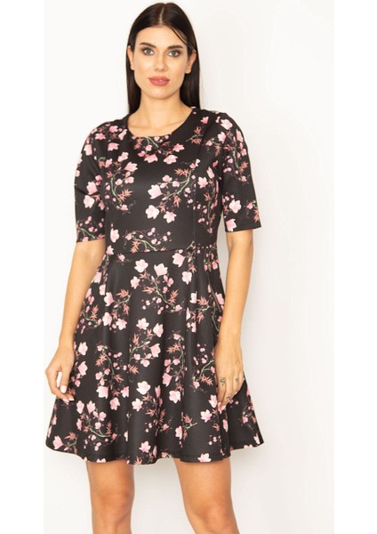 Kadın Siyah Süs Cepli Fermuarlı Çiçek Desenli Elbise modelleri