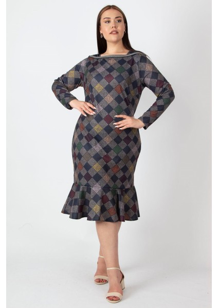 Kadın Lacivert Ekose Desen Yaka Detaylı Etek Ucu Volanlı Elbise fiyatları