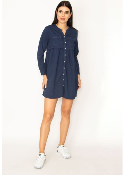 Kadın Lacivert Bel Pile Detaylı Cepli Elbise fiyatları