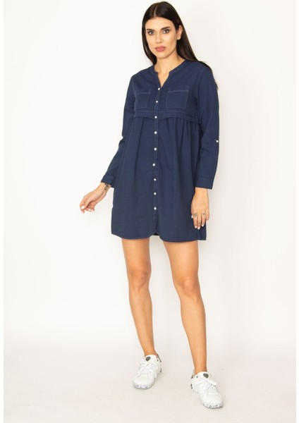 Kadın Lacivert Bel Pile Detaylı Cepli Elbise modelleri