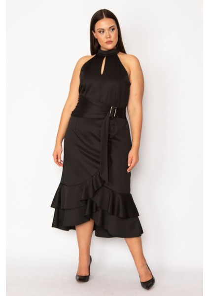 Kadın Siyah Halter Yakalı Volan ve Toka Detaylı Arka Gizli Fermuarlı Elbise