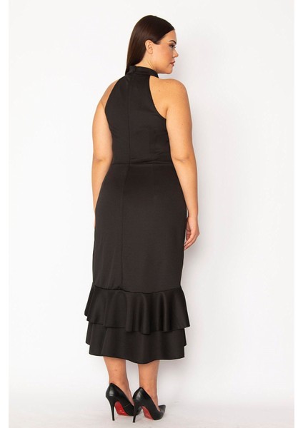 Kadın Siyah Halter Yakalı Volan ve Toka Detaylı Arka Gizli Fermuarlı Elbise fiyatları