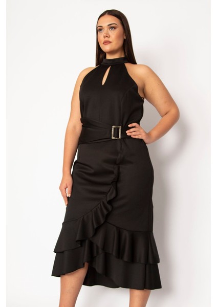 Kadın Siyah Halter Yakalı Volan ve Toka Detaylı Arka Gizli Fermuarlı Elbise modelleri