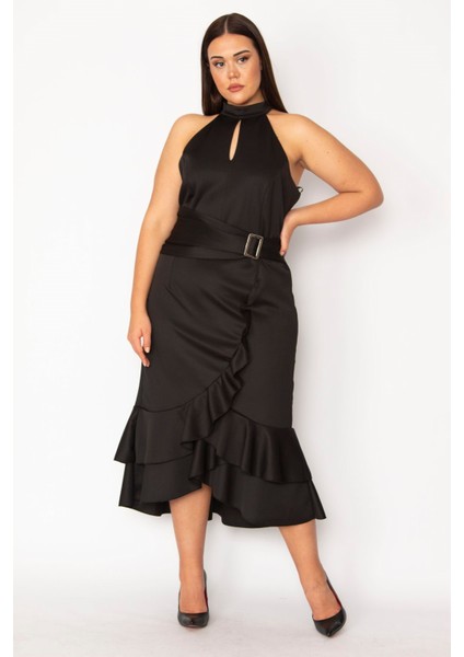 Kadın Siyah Halter Yakalı Volan ve Toka Detaylı Arka Gizli Fermuarlı Elbise fırsatları